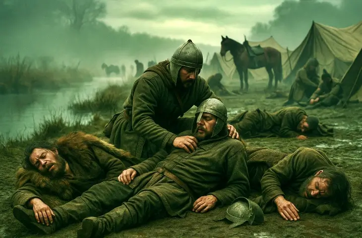 Hun ve Roma ordularının çatışmalarından sonra kamp alanında hastalık ve yorgunluk nedeniyle yere düşmüş askerlerin birbirine yardım ettiği sahne.